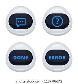 Vector set of robot emoticons. Collection of cyborg characters with different interface messages in cartoon style on white background