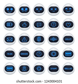 Vector set of robot emoticons. Collection of cyborg characters with different interface messages in cartoon style on white background