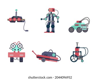 Vector set of robots and mechanisms. Robotics and programming for kids. Isolated on white.