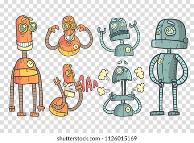 Vector set with robots in outline style with colorful fill. Gray and orange mechanical androids with different emotions