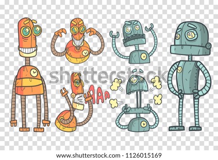 Vector set with robots in outline style with colorful fill. Gray and orange mechanical androids with different emotions