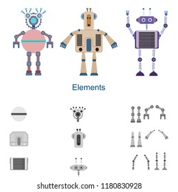 Vector set of robots and parts for their production. Isolated objects on white background.