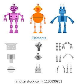 Vector set of robots and parts for their production. Isolated objects on white background.