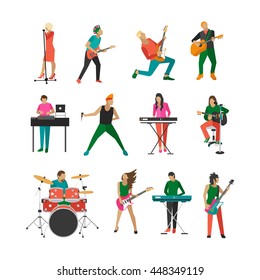 Vector set of rock musicians and singers. Music rock band design elements and icons isolated on white background. People characters.