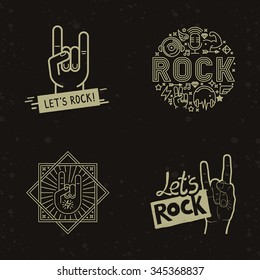 Vector set of rock and roll badges and concepts on dark background - linear icons, illustration and concepts - rock music