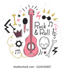 Vector set of Rock and Roll. Guitar, crown, glasses, skull, notes and inscriptions
