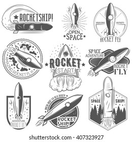 Vector set of rocket launch labels in vintage style. Design elements, icons, logo, emblems and badges isolated on white background. Space exploration concept.