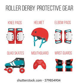 Vector set of roller derby protective gear.Skating theme icons. Skating flat illustration of helmet, knee pads, elbow pads, mouthguard, wrist guard and quad roller skate. Isolated sport skating icons 