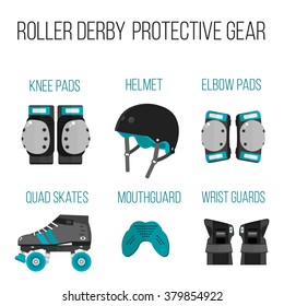 Vector Set Of Roller Derby Protective Gear.Skating Theme Icons. Skating Flat Illustration Of Helmet, Knee Pads, Elbow Pads, Mouthguard, Wrist Guard And Quad Roller Skate. Isolated Sport Skating Icons 