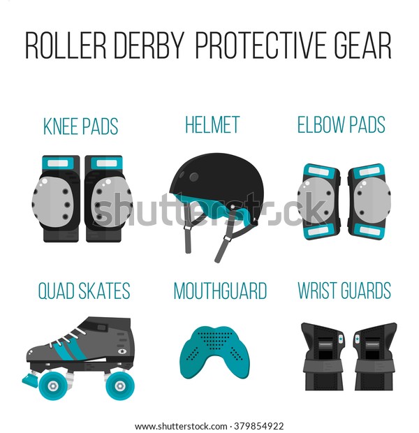 Vector set of roller derby protective gear.Skating theme\
icons. Skating flat illustration of helmet, knee pads, elbow pads,\
mouthguard, wrist guard and quad roller skate. Isolated sport\
skating icons 