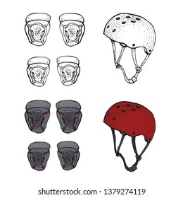 Vector set of roller skating and skateboarding protective gear.Skating protective gear hand drawn illustration. Helmet, knee pads, elbow pads. Isolated sport elements.