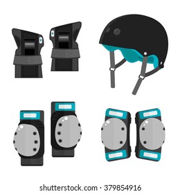 Vector set of roller skating and skateboarding protective gear.Skating protective gear icons. Skateboarding protective gear icons. Wrist guards, helmet, knee pads, elbow pads. Isolated sport elements 