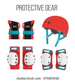 Vector set of roller skating and skateboarding protective gear.Skating protective gear icons. Skateboarding protective gear icons. Wrist guards, helmet, knee pads, elbow pads. Isolated sport elements 