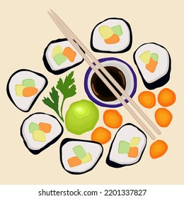 Vector set of rolls, wasabi, carrot pieces, parsley and soy sauce in a cup with chopsticks on light background.