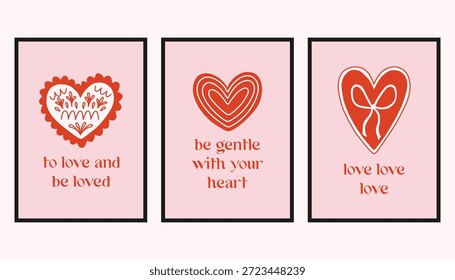 Vektorgrafik mit romantischen Karten mit dekorativen Herzen und handgeschriebenen Liebeszitaten. Nette Valentinstag-Designs in sanftem Rosa und Rot, perfekt für Grußkarten, Prints und Geschenke.