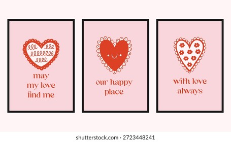 Vector conjunto de tarjetas románticas con corazones decorativos y citas de amor escritas a mano. Lindos diseños de San Valentín en rosa suave y rojo, perfecto para tarjetas de felicitación, impresiones y regalos.