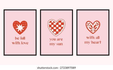 Vektorgrafik mit romantischen Karten mit dekorativen Herzen und handgeschriebenen Liebeszitaten. Nette Valentinstag-Designs in sanftem Rosa und Rot, perfekt für Grußkarten, Prints und Geschenke.