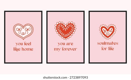 Conjunto vetorial de cartões românticos com corações decorativos e citações de amor manuscritas. Bonito Valentine projetos em rosa suave e vermelho, perfeito para cartões de saudação, impressões e presentes.