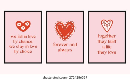 Vector set of romantic cards with decorative hearts and handwritten love quotes. Cute Valentine designs in soft pink and red, perfect for greeting cards, prints, and gifts.