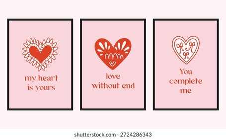 Vector set of romantic cards with decorative hearts and handwritten love quotes. Cute Valentine designs in soft pink and red, perfect for greeting cards, prints, and gifts.