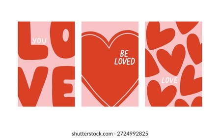 Vector conjunto de tarjetas románticas con corazones decorativos y citas de amor escritas a mano. Lindos diseños de San Valentín en rosa suave y rojo, perfecto para tarjetas de felicitación, impresiones y regalos.