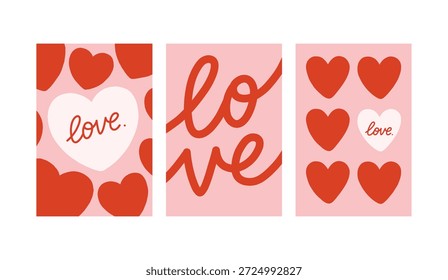Conjunto vetorial de cartões românticos com corações decorativos e citações de amor manuscritas. Bonito Valentine projetos em rosa suave e vermelho, perfeito para cartões de saudação, impressões e presentes.