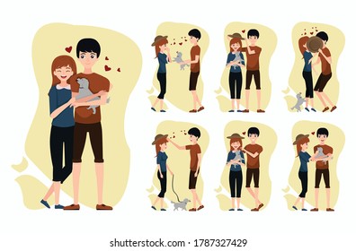 vector Set of romantic couple with pets.