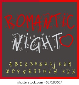 Vector set of romantic decorative typeface letters ABC fonts named Romantic Night. Hand drawn ABC letters vector alphabet handwritten vector fonts typeset