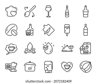 Vector set of Romantic dinner, Cutting board and Champagne line icons set. Hazelnut, Water splash and Ice cream icons. Coffee cup, Boiling pan and Food app signs. Romantic dinner web symbol. Vector