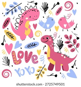 Vector set of romantic dinosaur. Cute pink doodle dino collection for valentines day. Cartoon set of hand drawn simple prehistoric animals for girl childish prints