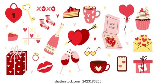 Vector set of romantic elements for Valentines day. Different romantic objects. Heart, champagne, glasses, pizza, cups, ring, envelope. Hand drawn style. White isolated background. 