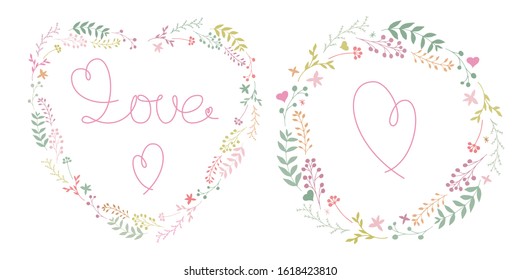 Vector set of romantic floral frames isolated on white background. Beautiful botanical wreaths for Valentine day with LOVE word and hearts. Garlands made of leaves and flowers.