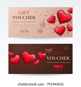 Vector set of romantic gift vouchers for Valentine’s Day celebration with red glossy hearts and confetti. Holiday elegant template for holiday gift card, coupon and certificate with brown background.