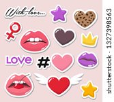 Vector set of romantic icon love stickers. Stickers in the form of lips, hearts, stars, crowns, female sign of Venus 