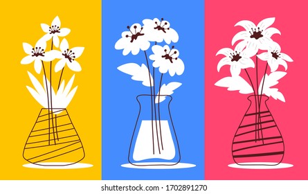 Vector set of romantic illustration of beautiful daisy and lily flower in a vase on color background. Flat line art style flower design for web, site, lovely poster, greeting card