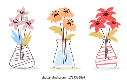 Vector set of romantic illustration of beautiful daisy and lily flower in a vase on white color background. Flat line art style flower design for web, site, lovely poster, greeting card