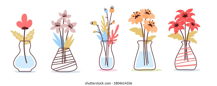 Vector set of romantic illustration of beautiful flower in a vase on white color background. Flat line art style flower design