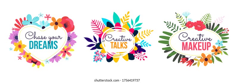 Vector set of romantic illustration of floral template with beautiful flower, berry and leaves around frame on white background. Flat style nature design of flower poster, spring season greeting card