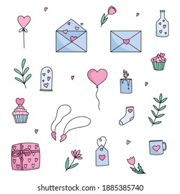 Vector set of romantic illustrations for valentine day. Hearts, cup, plants, gift, cupcakes, leaves, baloon, sock