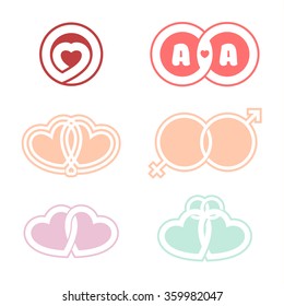 Vector set of romantic logos. United Heart symbol of love. Marriage. Wedding rings.