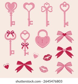 Vector set with romantic love symbols for Valentine's Day in pink and red colours. Pink heart-shaped keys and lock, pink and red bows, lips and hearts.