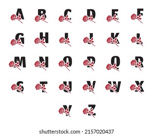 Vector set of romantic name monograms with rose flower isolated on white background. Creative letters and numbers symbols in vintage style.