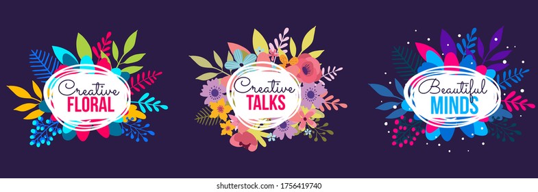 Vector set of romantic nature illustration of floral template with beautiful flower, berry and leaves around frame on black background. Flat style design of flower poster, spring season greeting card