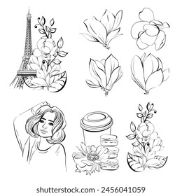 Vector set romantic Paris with flowers. Eiffel tower with travel to France, girl and Paper cup of coffee, sweet deserts and bakery, street food. Black silhouette for circuit