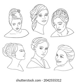 Vector set with romantic portraits of young women, coloring page