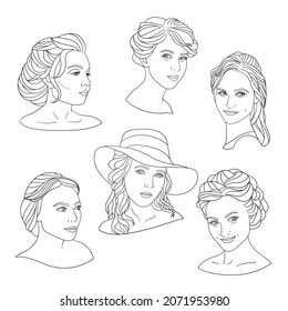 Vector ambientado con retratos románticos de mujeres jóvenes, página de color