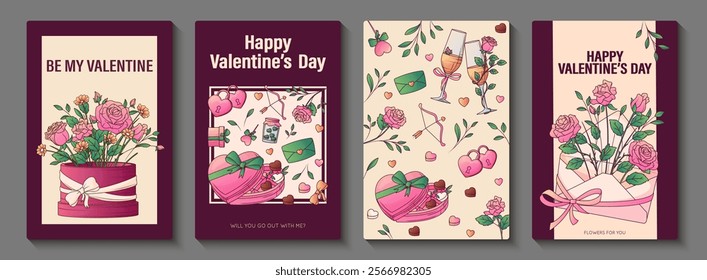 Vector set of romantic posters. Illustration of box of chocolate, bouquet of roses, hearts. Template perfect for poster, advertising for Valentine's Day, Mother's Day.