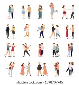 vector set of romantic scenes adorable couple. man and woman kissing, hugging, dancing, cuddling, walking, and lying. romantic couple relationship in flat vector illustration.