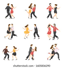 vector set of romantic scenes adorable couple dancing. man and woman at school, studio, and party. outdoor activity romantic couple scenes. romantic couple relationship in flat vector illustration.