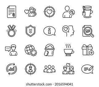 Vector set of Romantic talk, Add gift and Man love line icons set. Group, Headhunting and Message icons. Valentine target, Update data and Shield signs. Attachment, Tea and Information. Vector